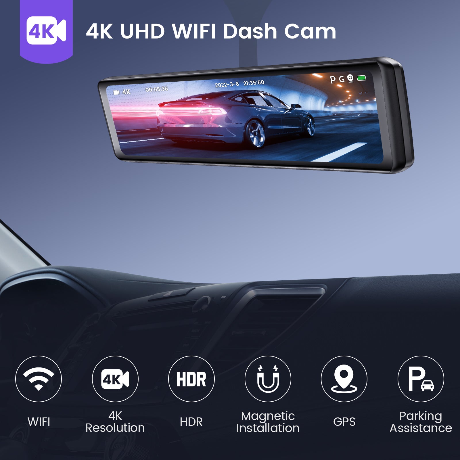 4K 12 Dash Cam Mirror GPS WiFi Voice Control Car Rear View Backup